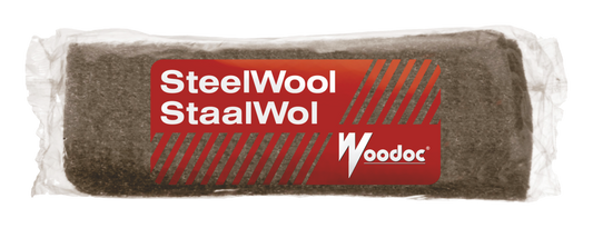 Steel wool roll with Woodoc branding on a white background