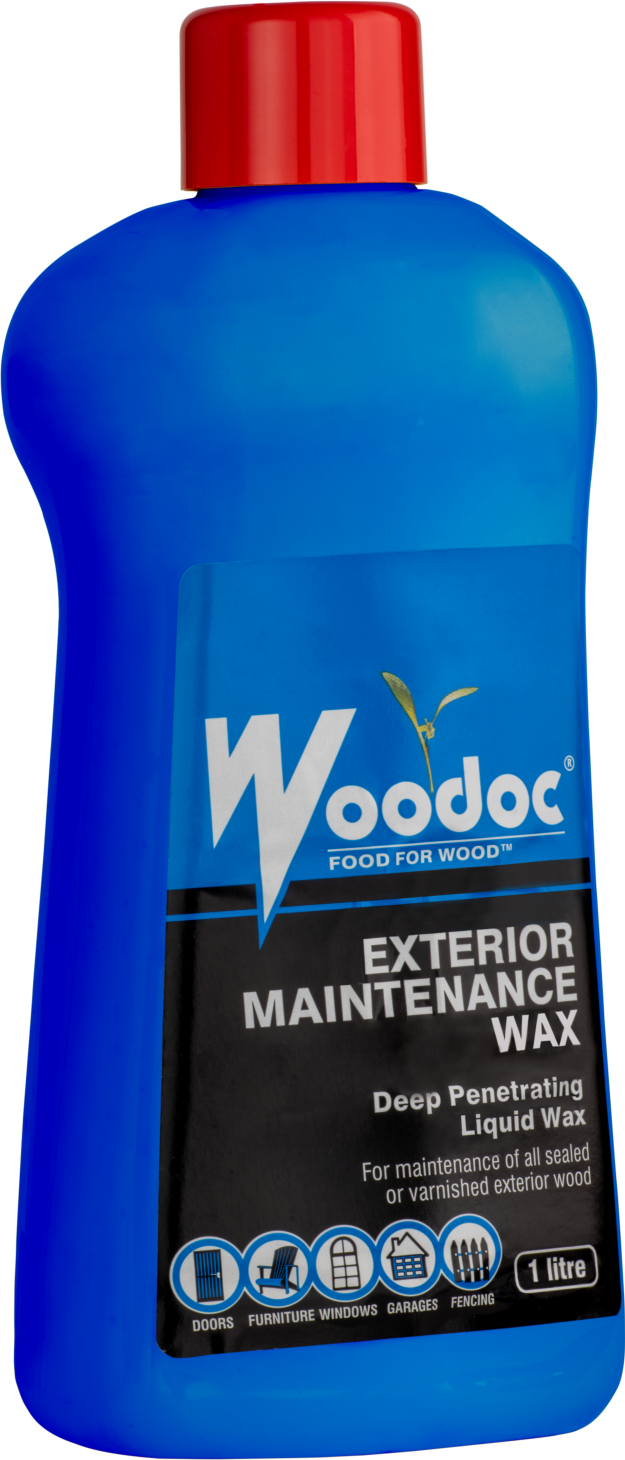 Blue bottle of Woodoc exterior maintenance wax with a red cap on a white background