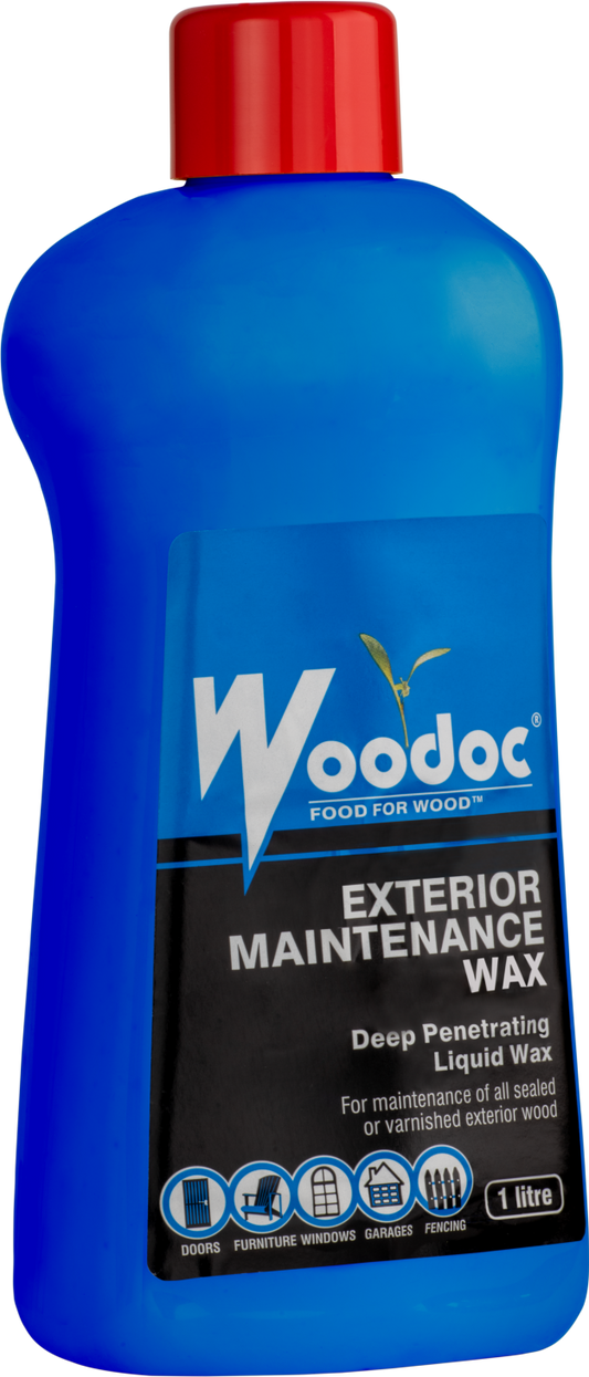 Blue bottle of Woodoc exterior maintenance wax with a red cap on a white background