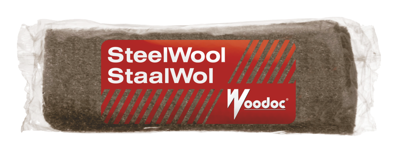Steel wool roll with Woodoc branding on a white background